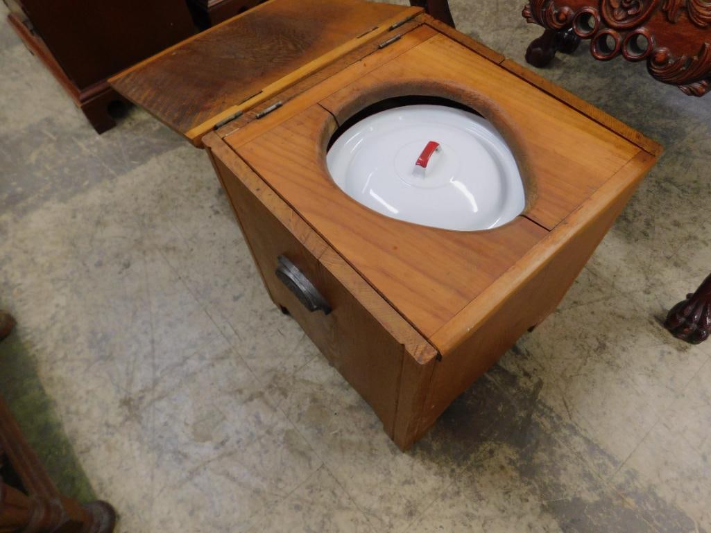 Vintage Wood Potty with Enameled Lidded Chamber Pot - 17" x 16" x 15.5" - 6