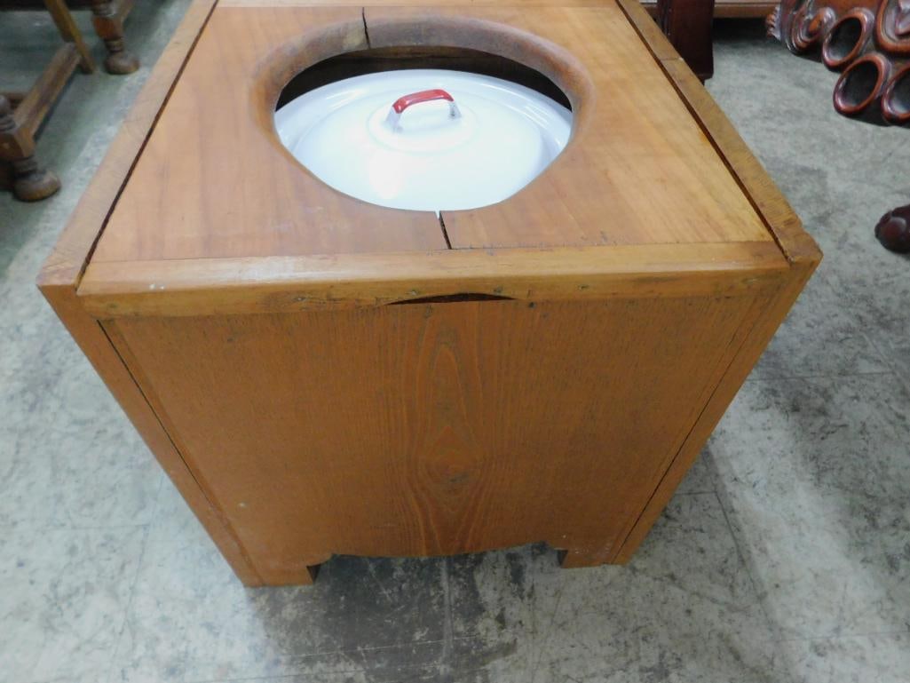 Vintage Wood Potty with Enameled Lidded Chamber Pot - 17" x 16" x 15.5" - 7