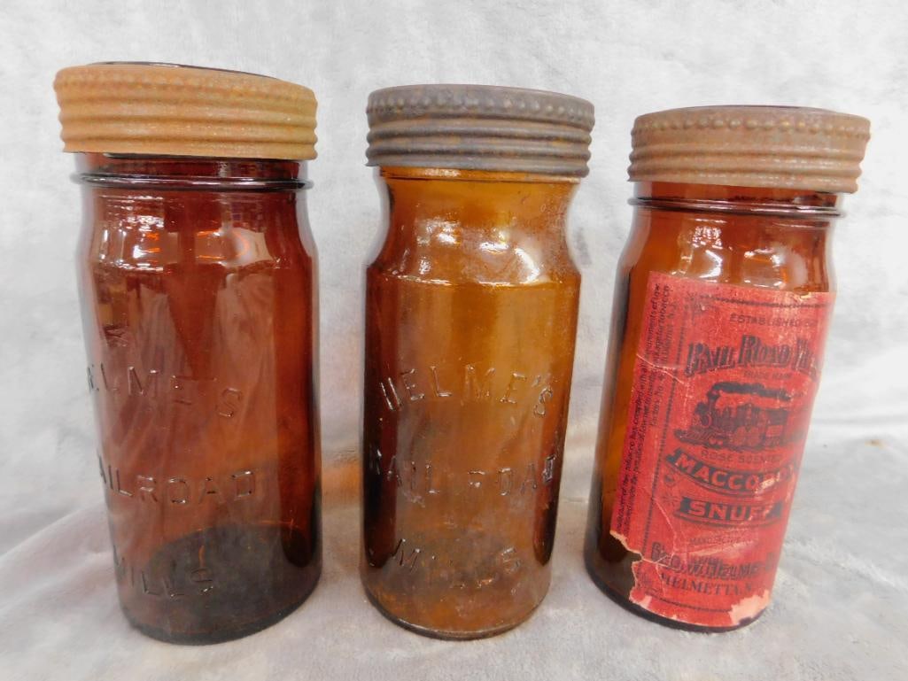Group of 3 Vintage Snuff Jars - Brown Glass - Lids - Each 7.5" Tall - 2 "Helmes": 1 "Railroad Mills" - See Photos For Condition and Details