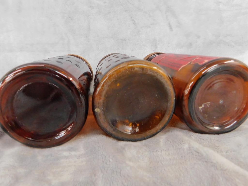 Group of 3 Vintage Snuff Jars - Brown Glass - Lids - Each 7.5" Tall - 2 "Helmes" - 7