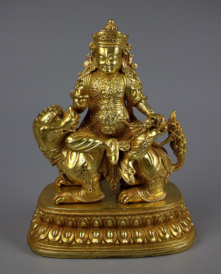 A Rare Antique Chinese Ming Gold Gilted Qilin Seated Bu (1 of 8)