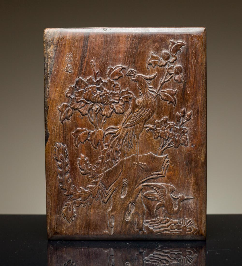 Late 19th Early 20th Antique Ink Stone: The shallow cover with a single panel top, gently curving to a beaded edge and straight sides, the conforming box enclosing a dark grey inkstone of trapezoidal shape, all supported on four low bracket