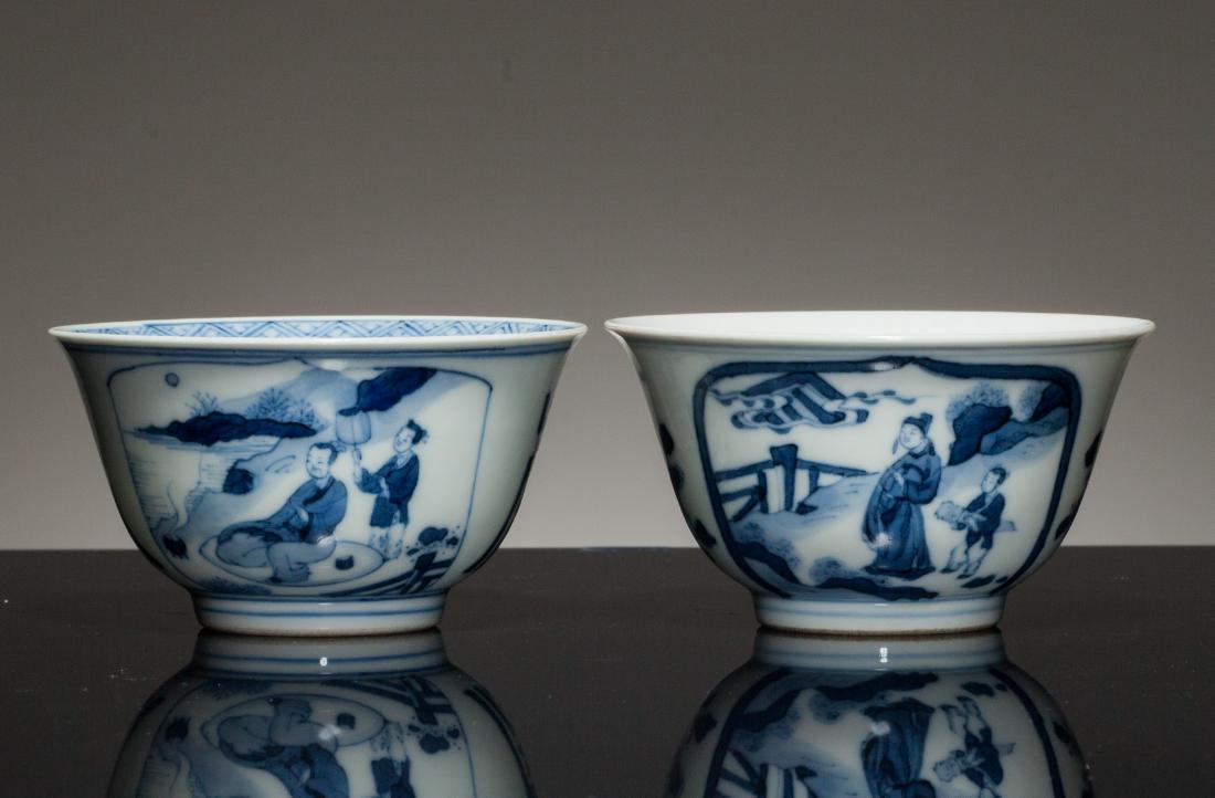 18-19th Group Chinese Antique Blue&White Bowls: Each of deep sides rising from a tapered foot to an everted rim, the exterior painted with two carcouches featuring scenes of genteel life, the carcouches lined by two characters, the base inscribed i