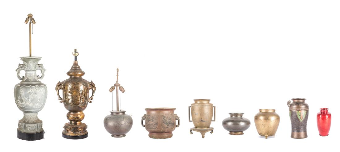Group of Japanese Antiques: Comprising of six bronze vases of various shapes and colors and three large size of wood lamp stands. 5.75 inch - 48 inch H