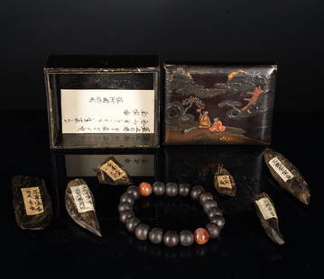 19th Antique Box of Agarwood: Composed of seven pieces agarwood and one prayer bead. The prayer bead spaced by two agate beads, the cover painted with a continuous scene, depicting boys and pavilion.