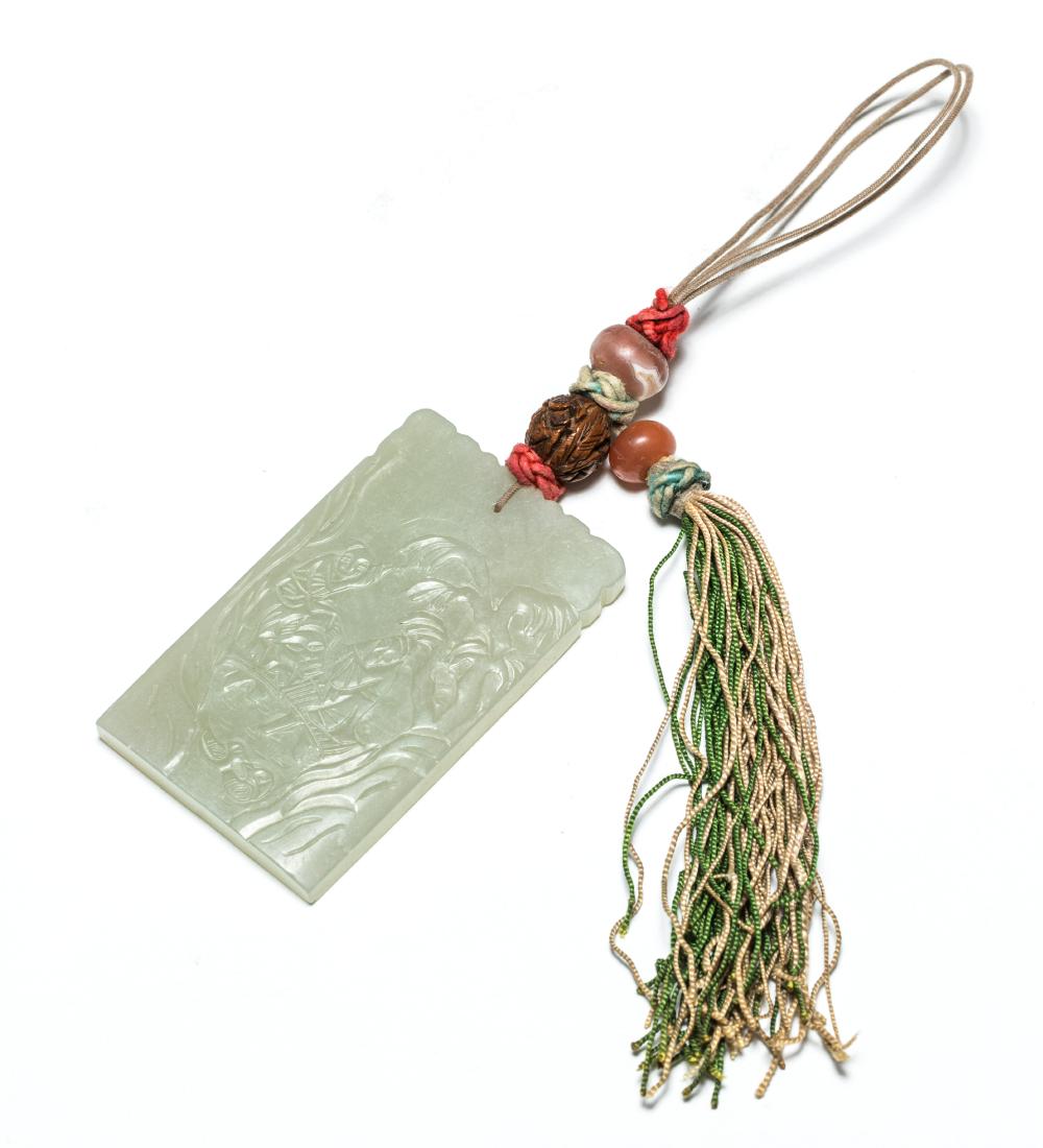 19th Antique Carved Jade Pendant: Of flattened rectangular form, the pendant carved to one side with a scene of two scholars and a water buffalo in a stream between trees and mountains, further depicted with a pair of mandarin ducks p