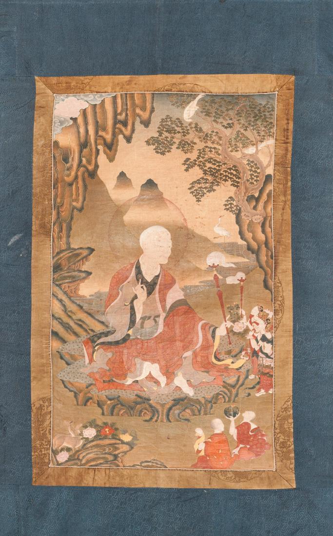 18th Style Antique Buddhist Painting: Painted as a buddha seated on a craggy rock base, with right hand held to the chest with thumb and index fingers forming a circle in a teaching form, left hand holding a scepter, further depicted with
