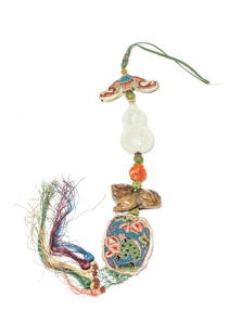 18-19th Antique Manchu Style Pendant: An embroidered bat pattern upside down, followed by a carved double gourd shape white jade in two halves with openwook, an agate carved monkey then with a carved mythical beast in brown jade and an em