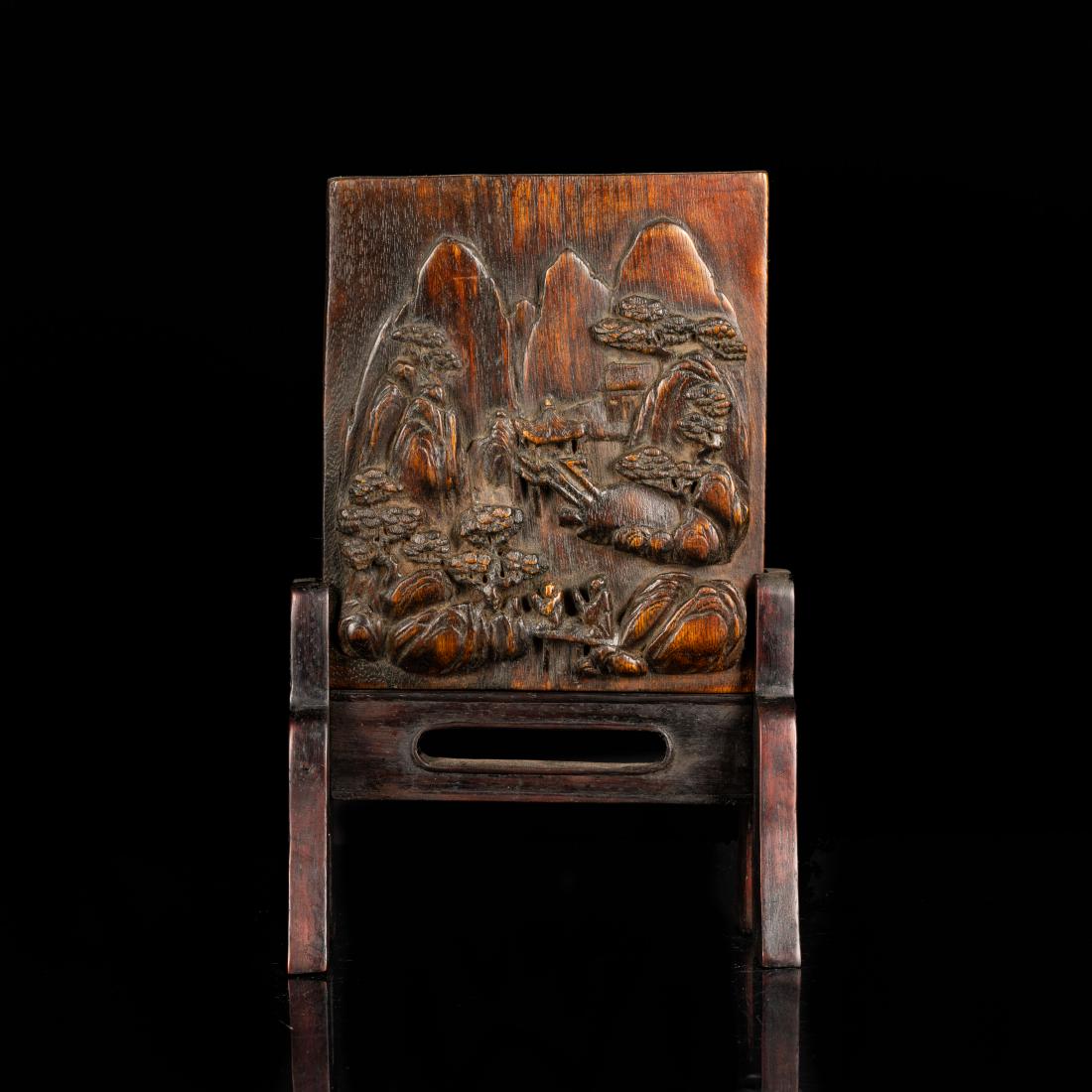 19th Antique Agarwood Carved Plaque with Rosewood Stand (1 of 9)