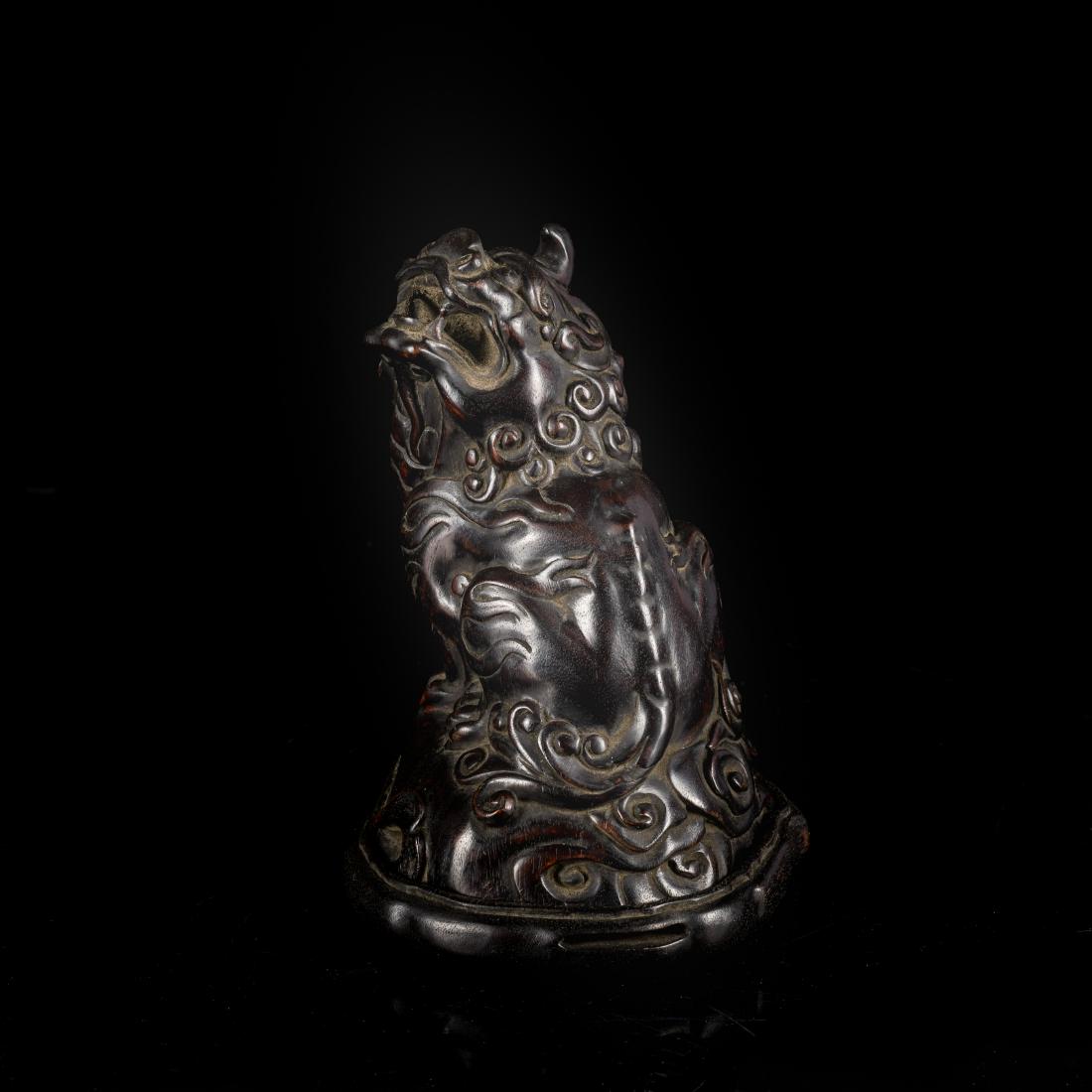 18-19th Antique Zitan Wangtian Hou Censer: The base supported on three minor triple foot, the crouching animal leaning slightly backward with its weight supported on powerful clawed feet, its head turned sharply to its left and detailed with r