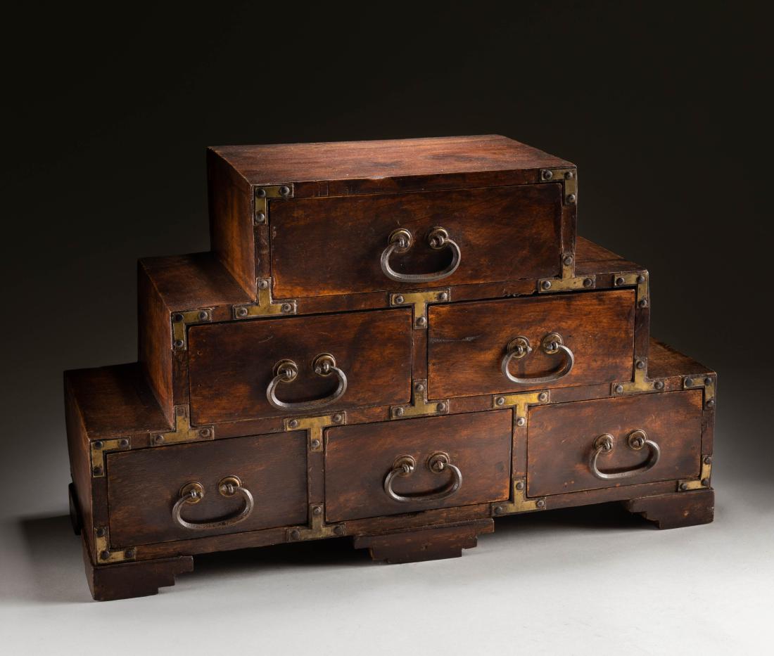 19th Japanese Antique Rosewood Cabinet: Of rectangular form, supported on six feet, the cabinet placed in three layers, each is superimposed, from the bottom to the top layer, each drawer is decrement, applied overall in brownish tone. 12.2