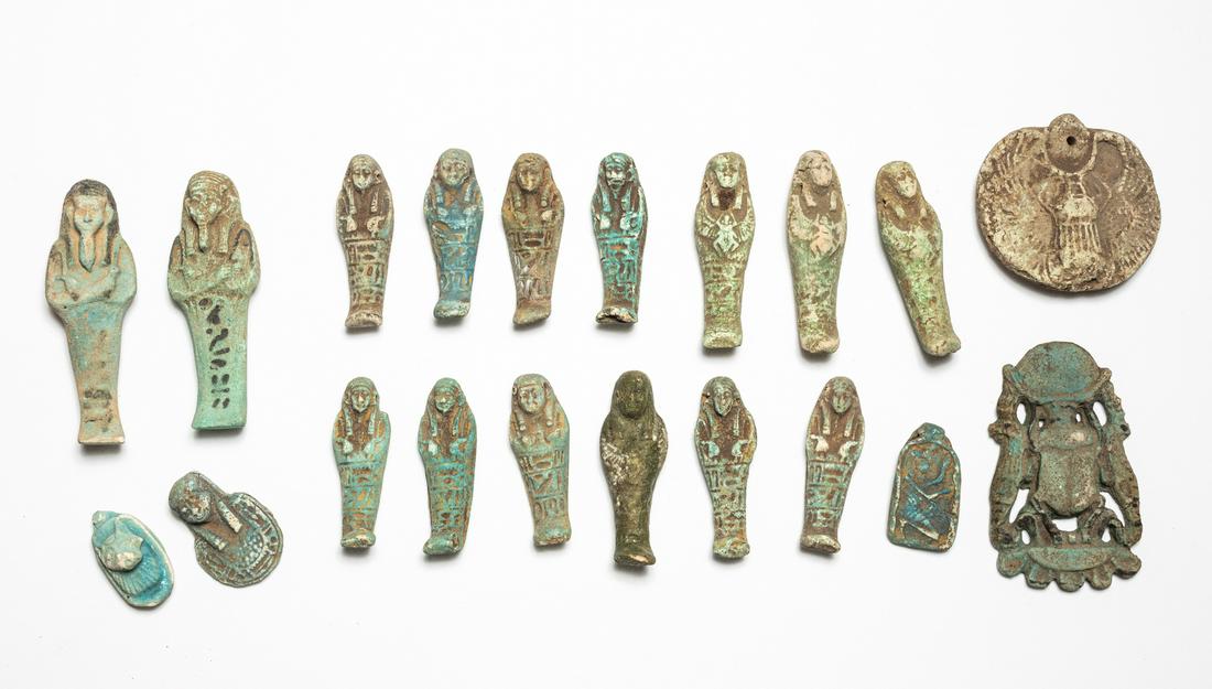 Group Of Ancient Egypt Green Glazed Pottery Figures: Group of twenty pieces, the figurines were made in many different sizes, Egypt mummy Ushabti figure statue.
