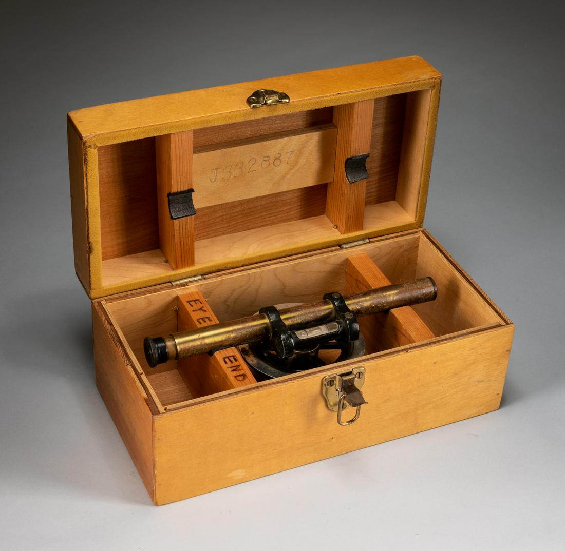 Antique Horizontal Telescope: One single telescope, attached with circular mounted, four screw and level, fitted wood box. 13*5.7*6.2 inch