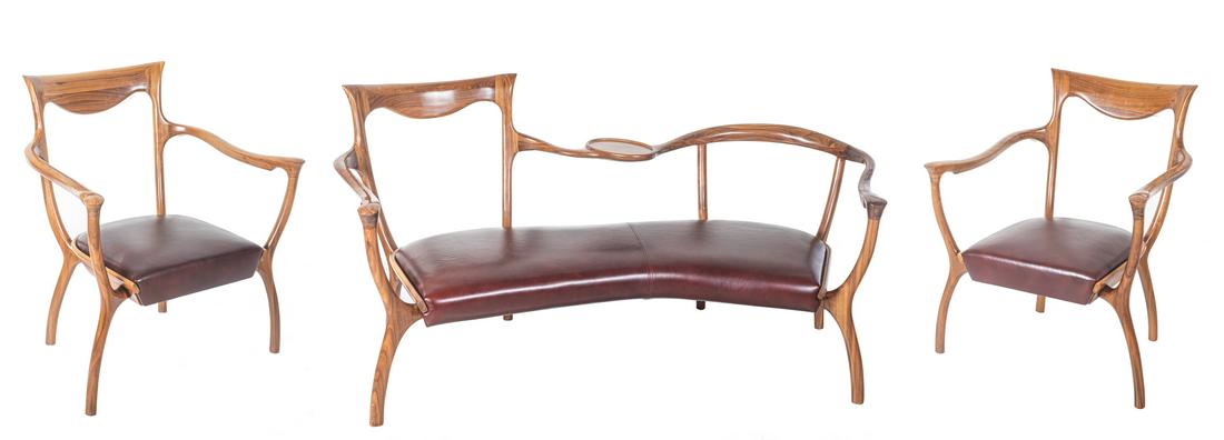 Mid Century Art Nouveau Bench/Chairs: Set of three pieces, including two single armchair, and one bench with arm support, made of solid teak wood, there is a small circular coffee table tray allows to put the coffee cup. 32*37 chair; 68.5