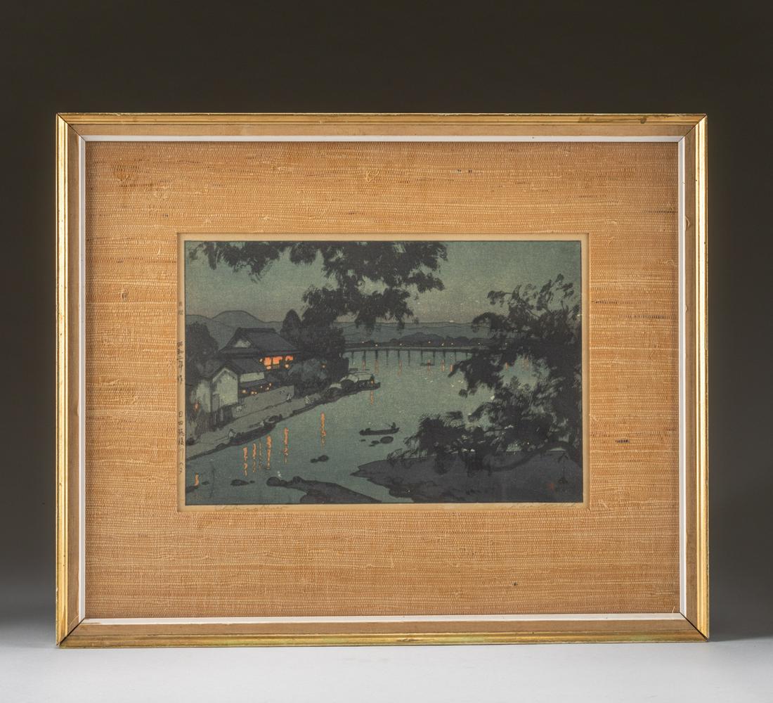 1927 Japanese Hiroshi Yoshida Woodblock Print: Glass framed. Sign on the bottom. Depicts one man ridding a boat of a river, the front fave with a mountain path winding past pagodas and steep rock faces, side with pavilion, with light on. Approxima