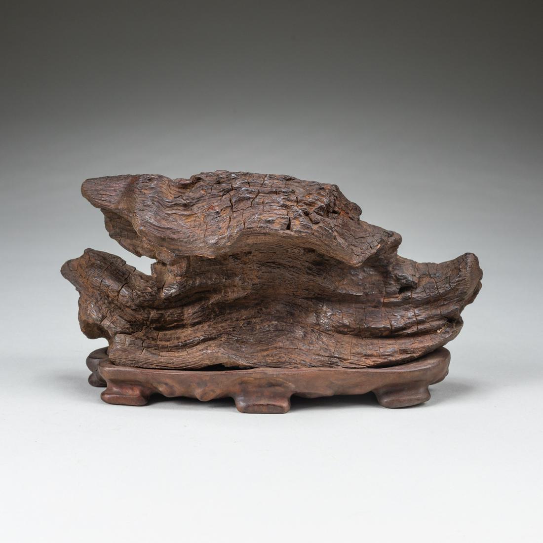 Chinese Antique Wood Brush-rest: The brushrest naturalistically carved in the form of a uneven surface imitating tree bark, supported on a fitted wood stand. 7.8*3.3 inch (including stand)
