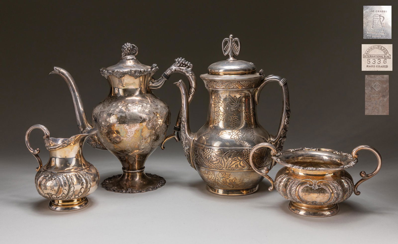 Set Of Hollowware Silver Plate Tea Set: Consisting of four pieces including: one jar, one sugar bowl, and two tea pot, of the baluster body rising from a short spreading flat foot to a short waisted neck with everted rim, set to one side wi