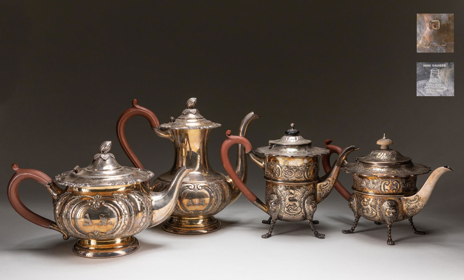 Set Hollowware Silver Plate Tea Set: Set of four pieces, typical early 20th, each of the globular body rising from a spayed foot to a waisted cylindrical neck, the shoulder set with a long curved spout opposite a wood handle, the exterio