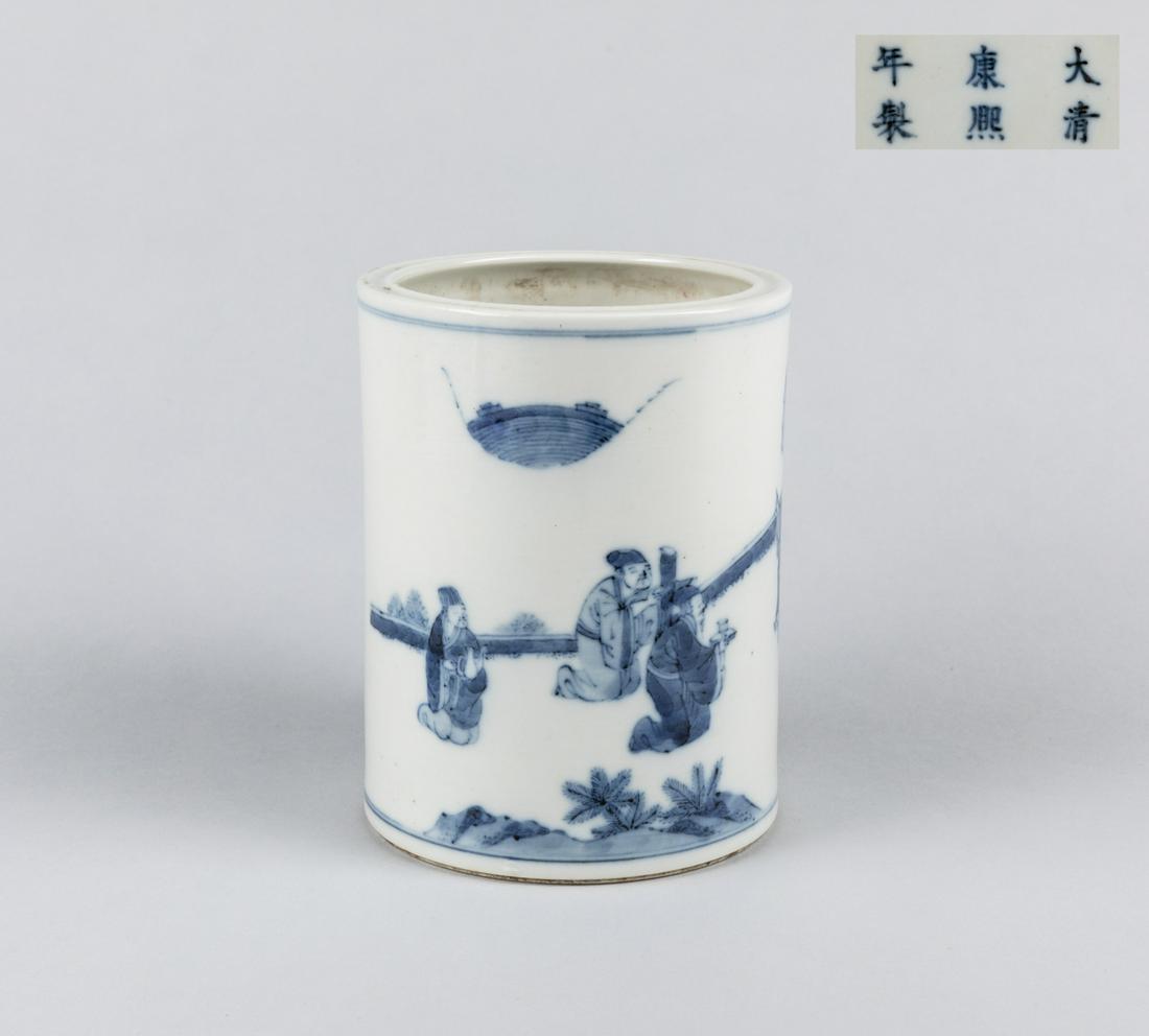 Chinese Antique Blue White Porcelain Pot: Well polished, of cylindrical form, the exterior painted in continuous landscape scene, depicting scholars with attendants, mountain landscape background, the base inscribed with Kangxi reign marks. 4