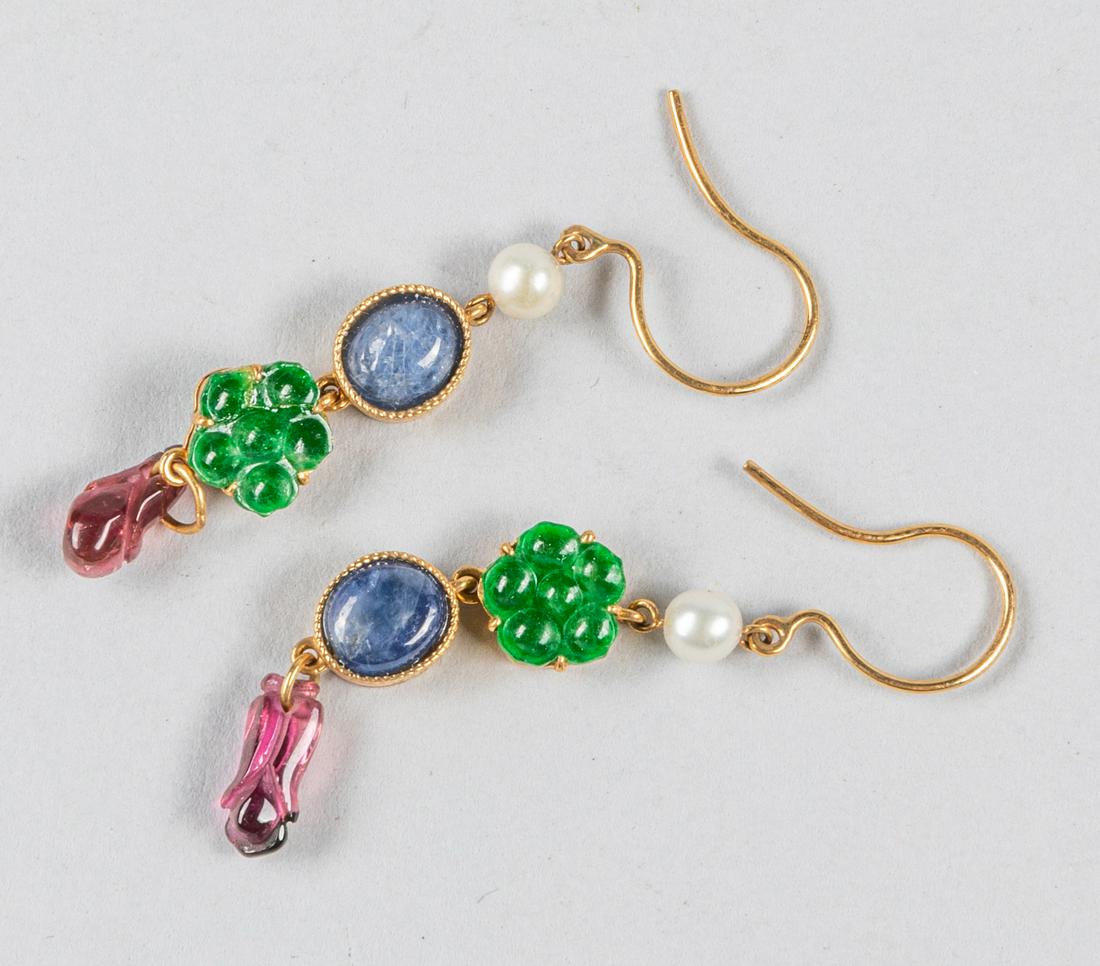 Pair of Decorated 18k Gold,Jadeite Earring: Each featuring jadeite and tourmaline stone, set in an 18k yellow gold mounting. Approximately 1.75 inch in length.Â