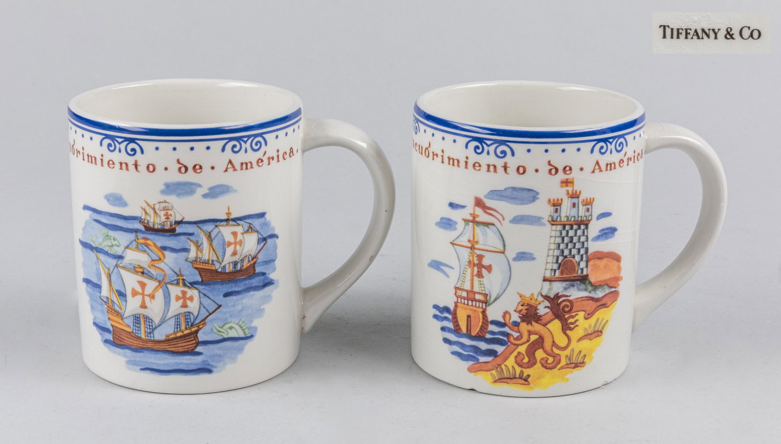 Pairs of Vintage Tiffany & Co Portugal Mugs Cup: Pairs of two Tiffany & Co marks mugs cup, celebrate discovery American 1492-1992. 4*4.5 inch