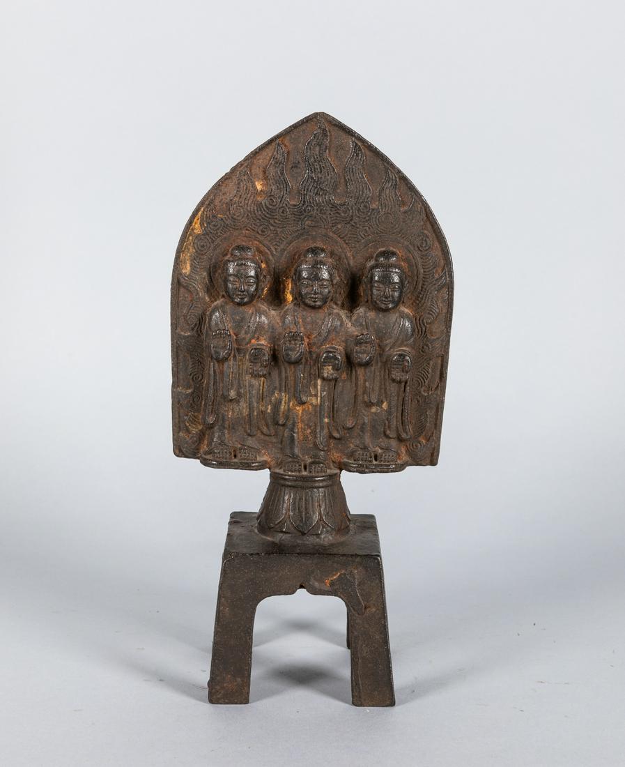 18th Japanese Antique Metal Buddha: Three deities cast in low relief against a large peaked mandorla, all supported on a four-legged base. 9.7*4.7 inch â€¨Provenance: Japanese collector, 1985