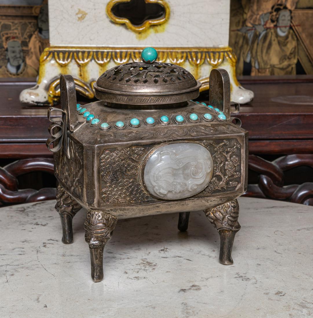 Chinese export silver & jade censer (1 of 7)