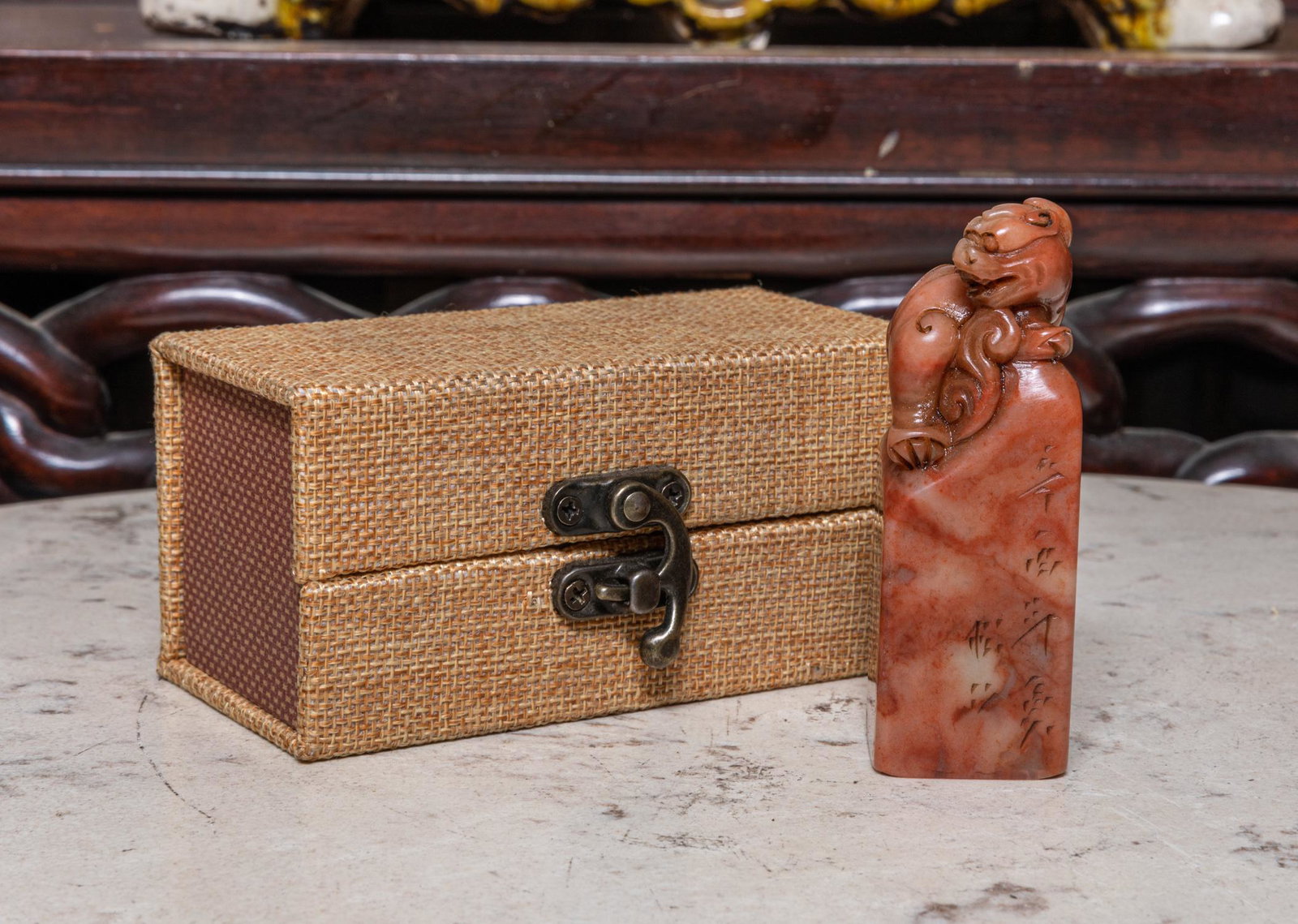 Chinese Vintage Carved Stone Seal: Carved stone seal, shishi seating on stone, Size: 3.3 inch H.