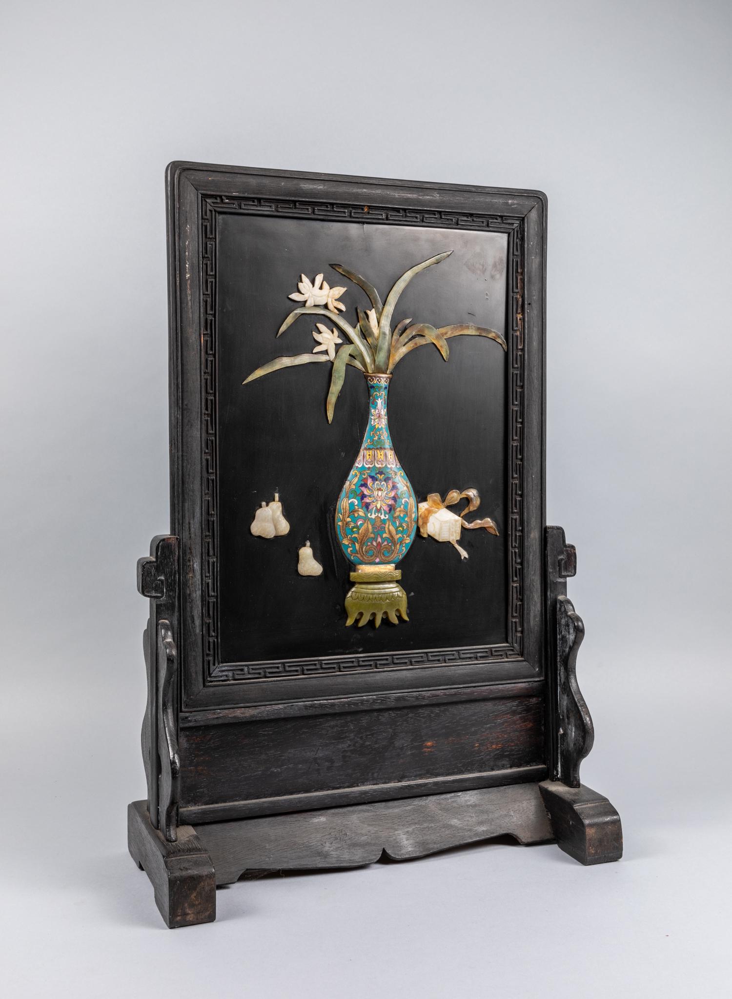 Chinese Export Cloisonne Wood Screen With Jade (1 of 8)