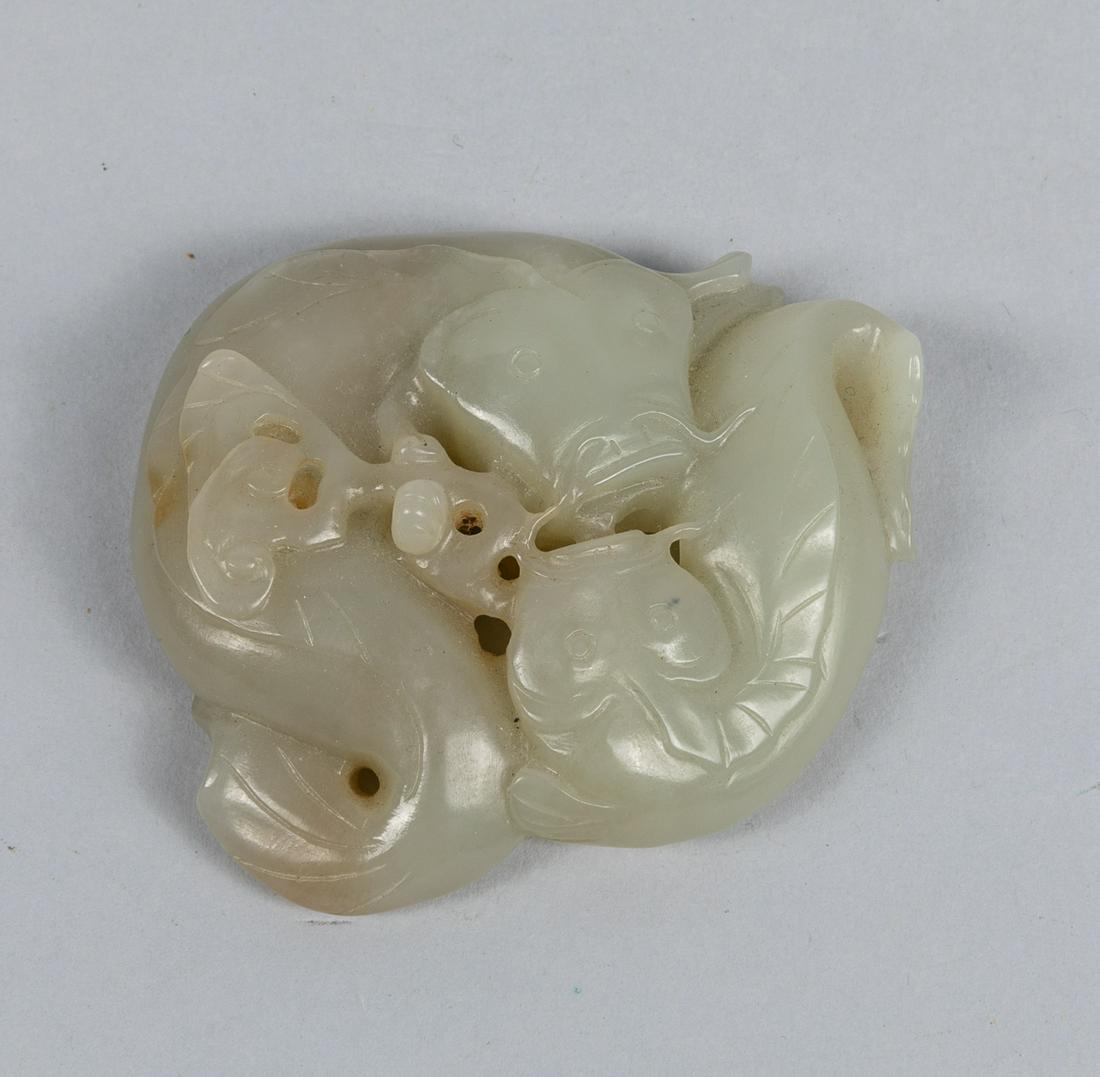 19th Chinese Antique Carved Jade Toggle Catfish: Worked a two conjoined fish, one grasping a lingzhi sprig in its mouth. The estate of Robert Lee, 2.57*2.05 inch