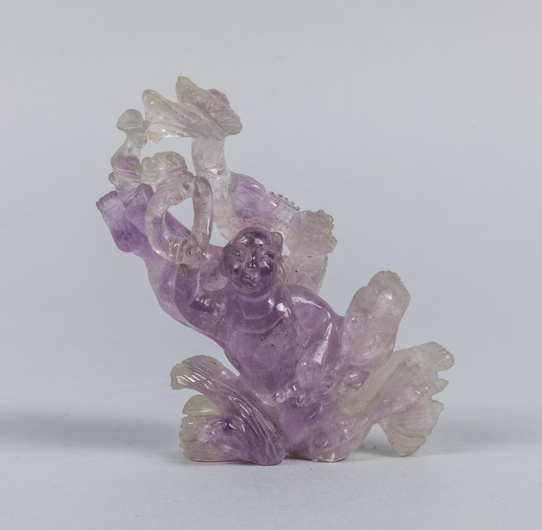 Chinese Antique Carved Amethyst Figure: Chinese antique carved amethyst figure. Chipped. 4.08*2.92 inch