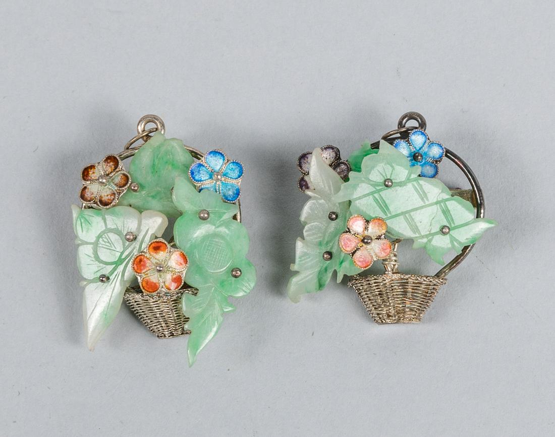 Set Of Chinese Antique Jade Jadeite Silver Pins: Set of 2 pieces, each decorated with floral basket shape, of sterling silver. 1.32*1.04 inch. Tina Chen, Taiwan, 1980.