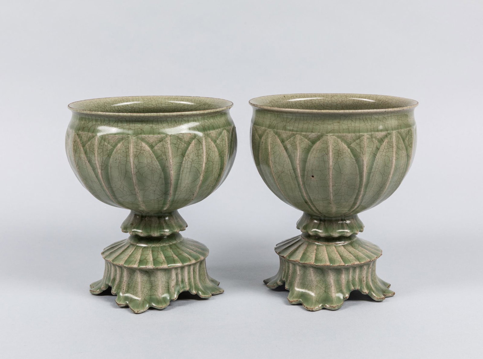 Korean Joseon Dynasty Style Celadon Porcelain of Lamps: Each of globular shape, raised on a splayed foot, applied overall in celadon tone. The estate of Cota Maeda, Tokyo, 1989. 5.2*6.1 inch