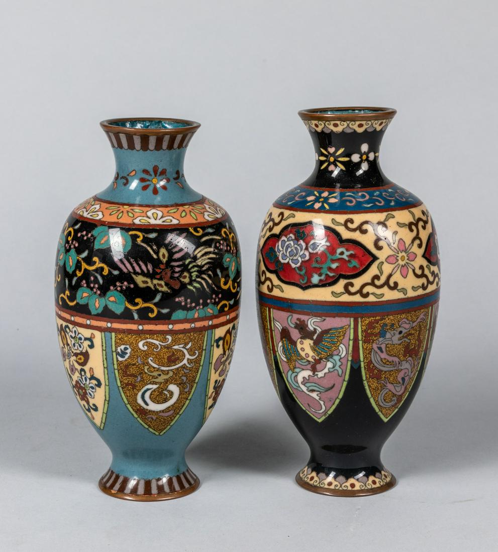 Group of Japanese Meiji CloisonnÃ© Cabinet Vase: 19th Century Japanese Meiji period, cloisonnÃ© enamel vase. Dragon & phoenix in shield design, baluster shaped, enamel & mica cloisonnÃ©. Size: 7.3 inch H