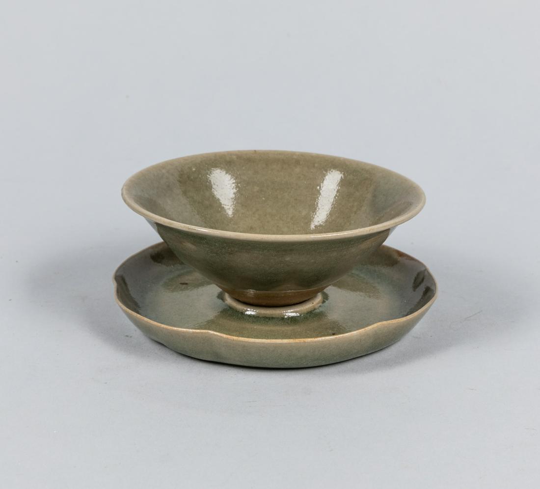 Korean Celadon Glazed Porcelain Tea Cup,1900-1940: Early 20th Korean old porcelain tea cup, some crack lines underglaze, Size: 2 inch H. 4 inch D.
