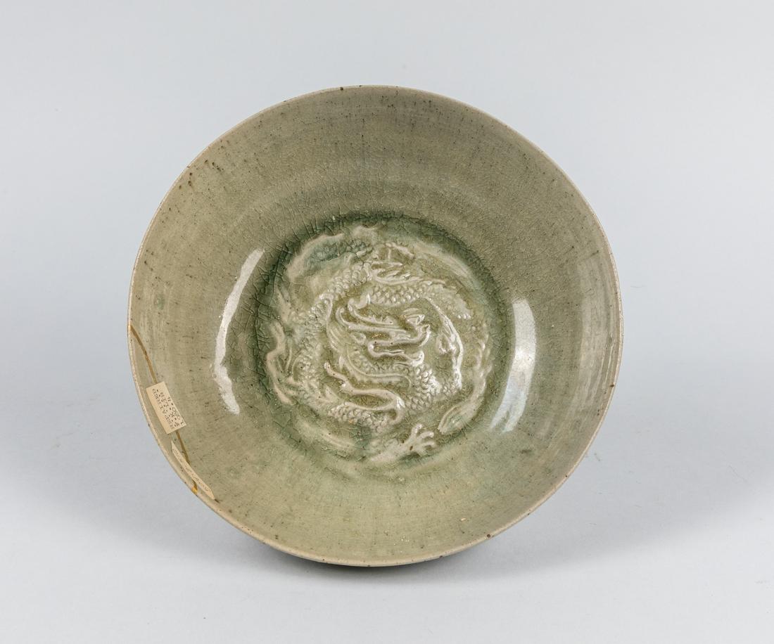 Korean Antique Joseon Dynasty Celadon Glazed Porcelain: Size: 8.75 inch D. 2.75 inch H.