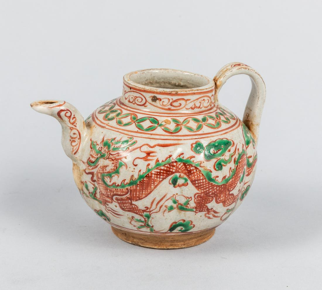 Chinese Ming Dynasty Green & Red Porcelain Tea Pot: Ming dynasty shipwreck porcelain tea pot, green 7 red glazed. The Philippines & South China Sea, 1975. Size: 3.75 inch H.