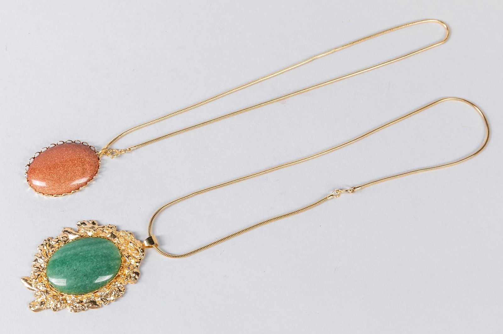 Set of Paradise Art Deco Necklace: Set of two necklace, one with paradise mark, Jade & gem stone decoration. Size: 3 inch L ( Paradise pendant size )