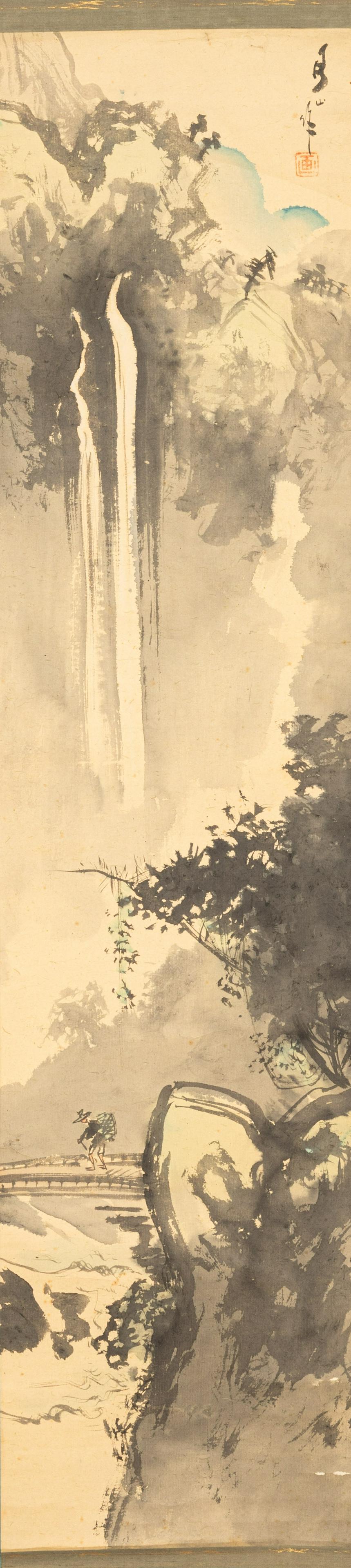 Japanese Ink & Color Painting: Hanging on scroll, depicts a man crossing an arched bridge into the mountain path, a waterfall originating high in the mountain rushing down to dramatic cresting waves below the bridge, one seal sign.