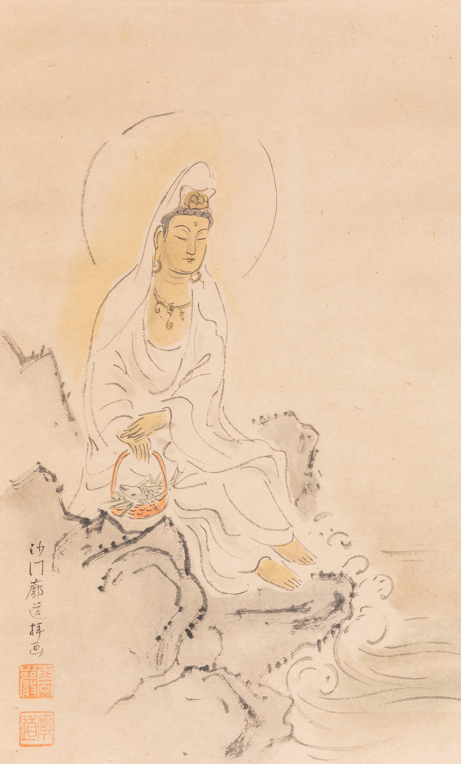 Korean Ink & Color on Paper Painting,: Korean ink & color on paper painting, Kuanyin. The Estate of Matsushita. Size: 22-13.5 inch.