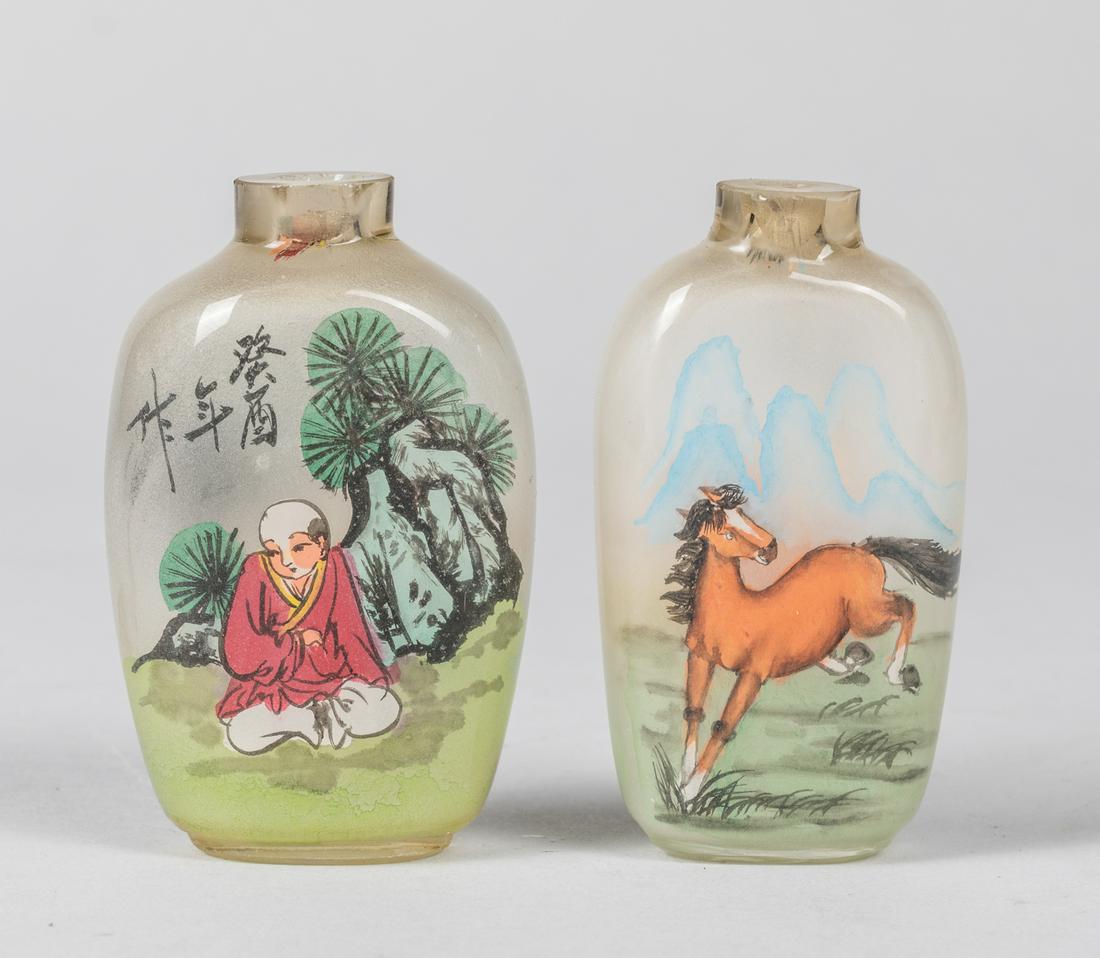 Chinese Old Inside Painted Snuff Bottles: Antique Chinese inside-painted glass snuff bottle, of slim rectangular form; one side showing a boy playing in garden, the other with animal; 2.75 inch H. Provenance: the Estate of C. D. Chen. 1990.