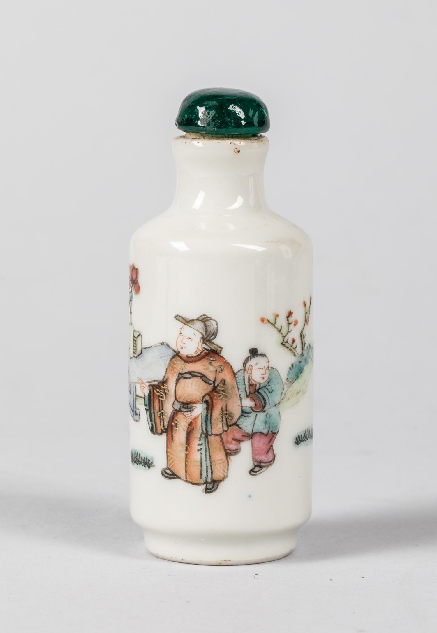 19th Chinese Antique Famille Rose Porcelain Snuff: Famille Verte enameled porcelain snuff bottle; of cylindrical form, with three figures in a garden; 3.5 inch H. Provenance: the Estate of C. D. Chen. 1980.