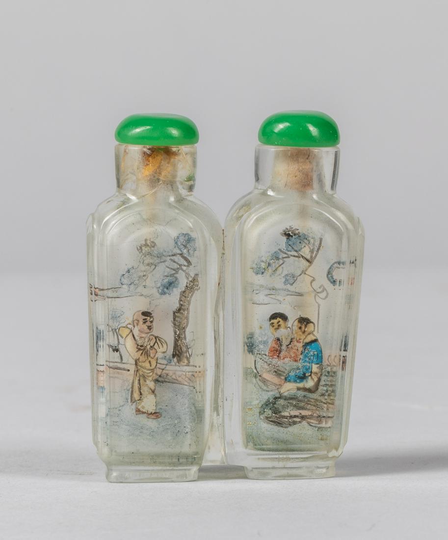 Chinese Double Inside Painted Snuff Bottle: Chinese old double inside painted glass snuff bottle of children in garden. 2.25 inch H