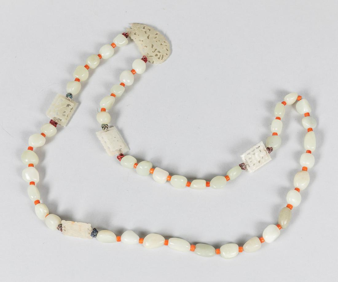 Chinese Antique White Jade Necklace: Chinese antique white jade necklace, connected by 5 pieces of openwork jade pendant. Approximately 0.42*0.65 inch. Provenance: The Estate of Los Angeles Beads Collector: Lynn & Rhodes.
