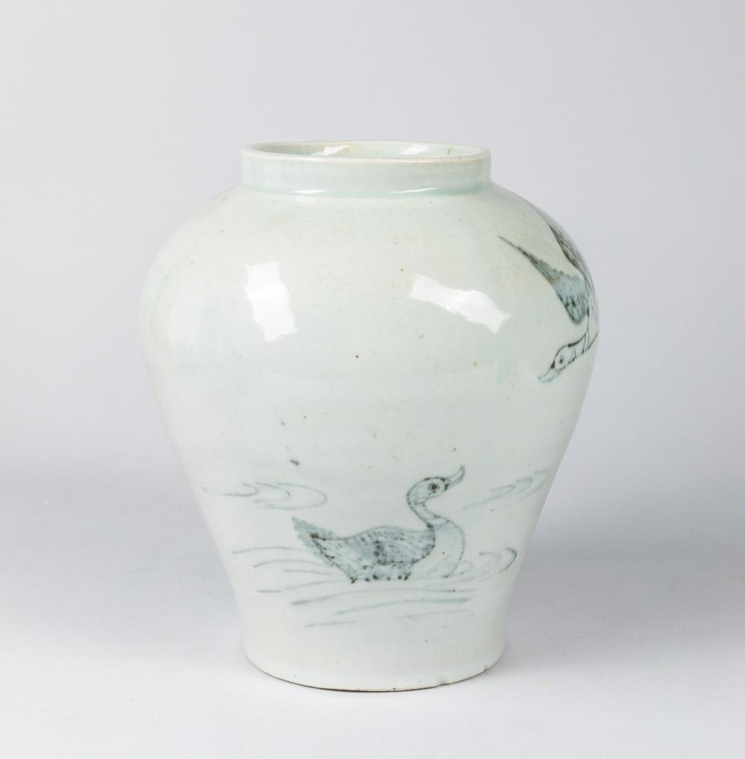 18-19th Tall Korean Antique Blue & White Porcelain Jar: Tall Korean antique jar with bird decoration.