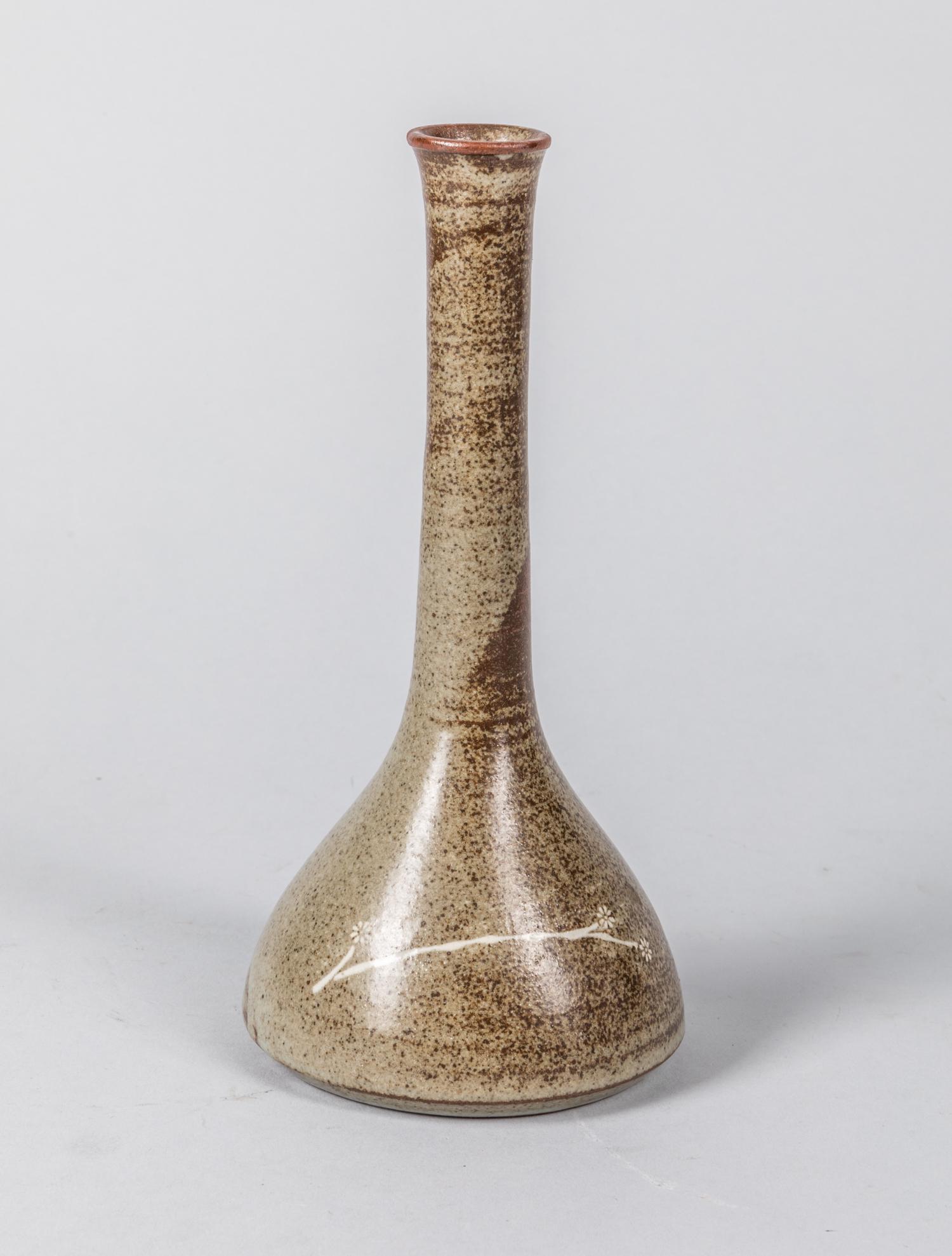 Korean Old Brown Glazed Porcelain Cabinet Vase: 1900-1950 Korean old carved vase, Plum blossom, signed on bottom. 8 inch H.