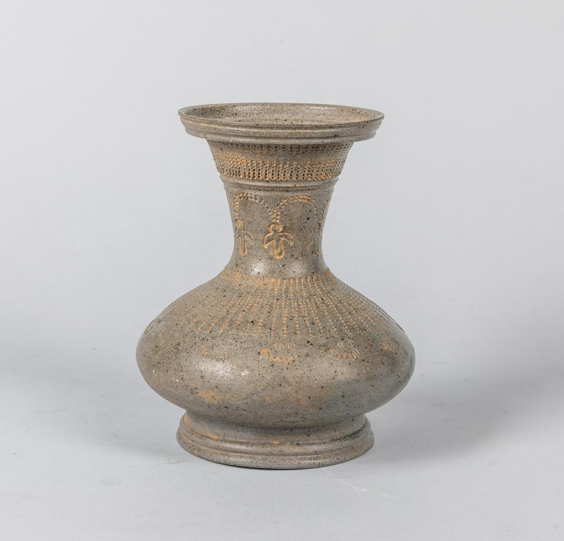 Korean Old Gray Glazed porcelain Cabinet Vase: Korean old gray glazed porcelain vase, 1900-1950, signed on the bottom. Minor chips. 6.5 inch H. The estate of the Richard.