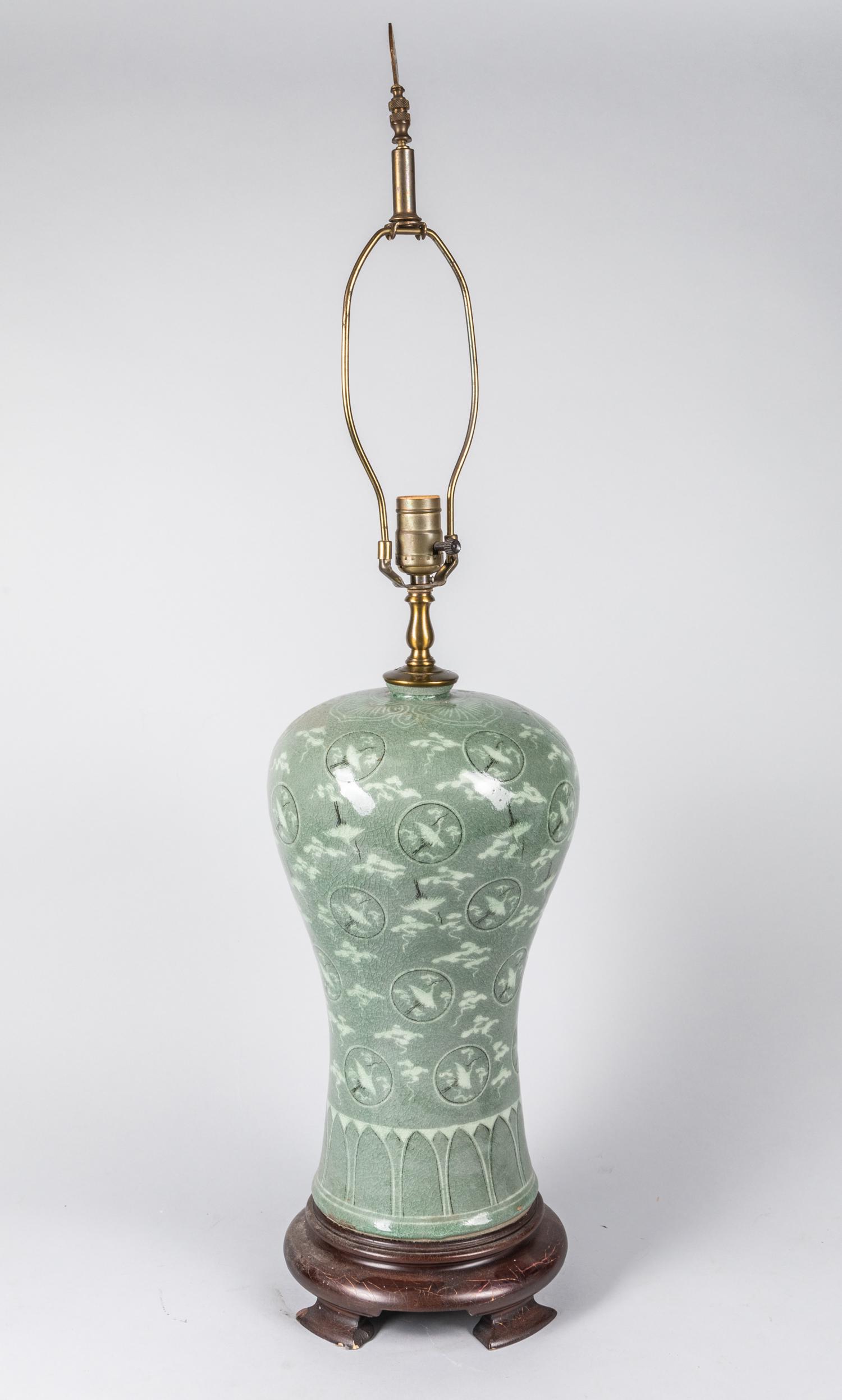 Tall Korean Old Porcelain Vase Lamp: Korean old porcelain vase lamp, with old wood base. 18 inch H ( vase & stands only ). The estate of Jinh, 1990.