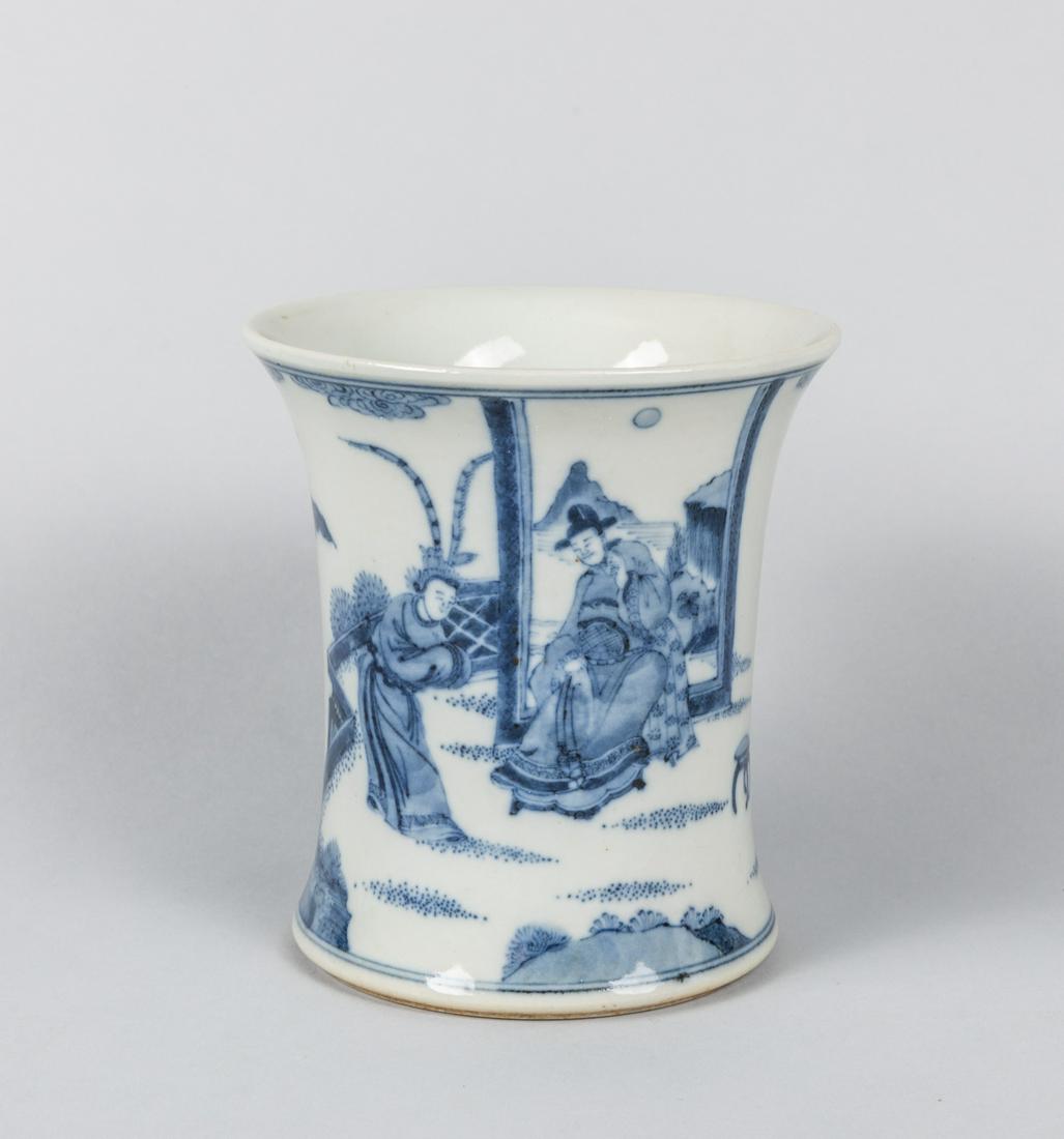 Chinese Antique Blue & White Porcelain Brush Pot: Chinese blue & white porcelain pot of stories decoration, 5.5 inch H. The estate of P. C. Chen. Los Angeles, 1980