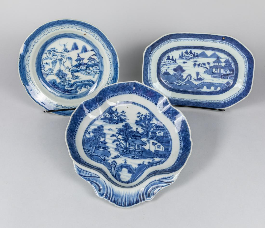 Group of 18th Chinese Export Porcelain Plates: Group of three 18th Qianlong period Chinese export blue & white porcelain plates, landscape. Minor chips. 9.5-6.5 inch (long plate)